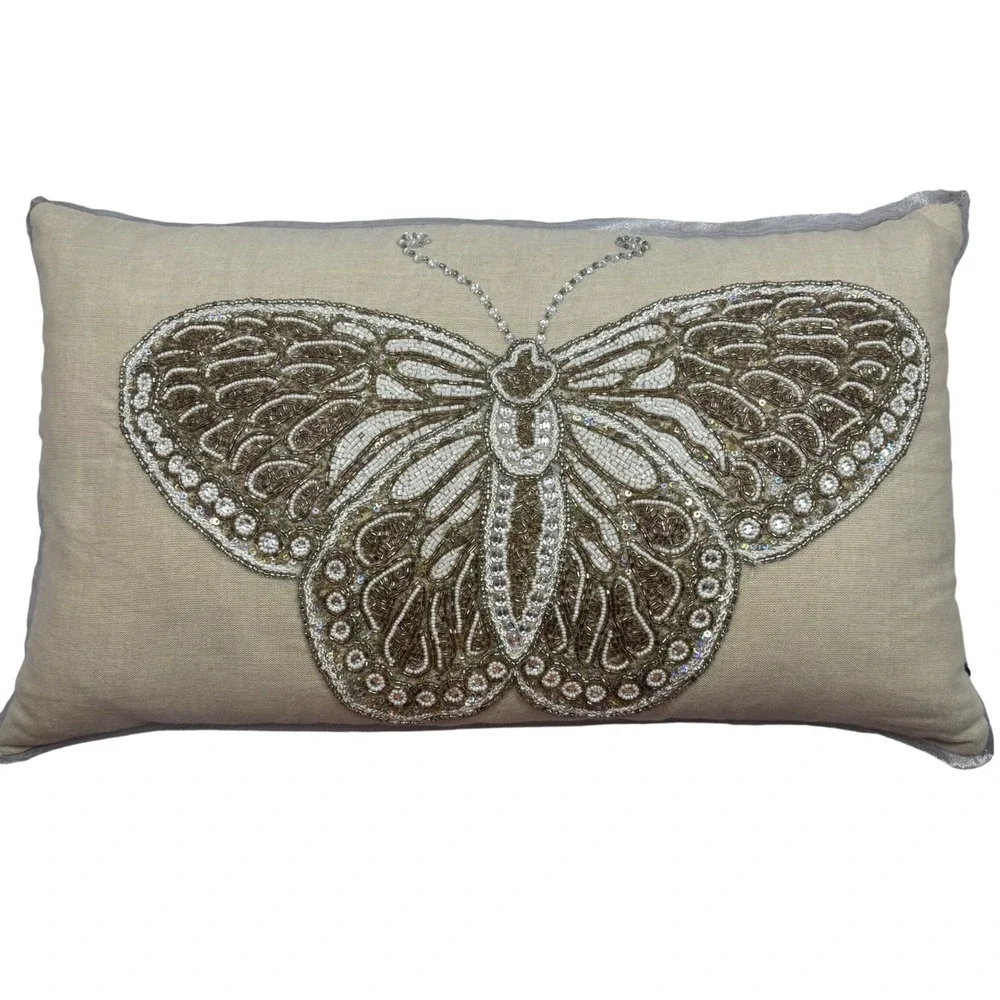 Vtg Cynthia Rowley Beaded Butterfly Lumbar Pillow Silver Gold Sequin Linen 12x20